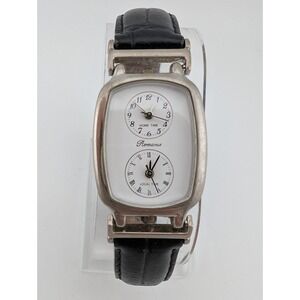 Vintage Romance Dual Time Watch Women 25mm Case Black Leather Band- New Battery